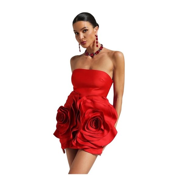 Bella Barnett Red Mini Cocktail Dress XS NWT Strapless Rose Applique Statement - Picture 1 of 13